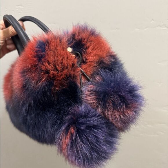 2 Tone Gradient Real Fox Fur Handmade Boston Bag/Crossbody & 2 Fur Balls Charm - Picture 15 of 17